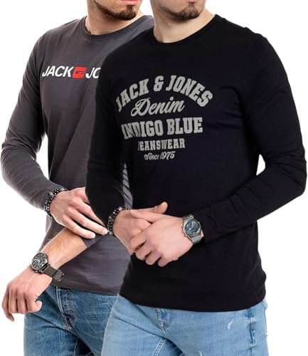 JACK & JONES Herren Langarmshirt aus Baumwolle - Longsleeve Männer (LS Nala Black4+Corp Asphalt) XXL von JACK & JONES