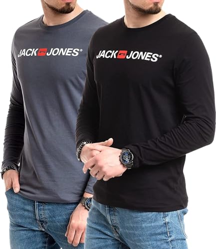 JACK & JONES Herren Langarmshirt aus Baumwolle – Longsleeve Männer – T-Shirt mit Langen Ärmeln aus Baumwolle - einzeln und Multipack (LS 2-Mix 10 - S)(2-Mix Corp L/S Black/Corp L/S Slate - S) von JACK & JONES