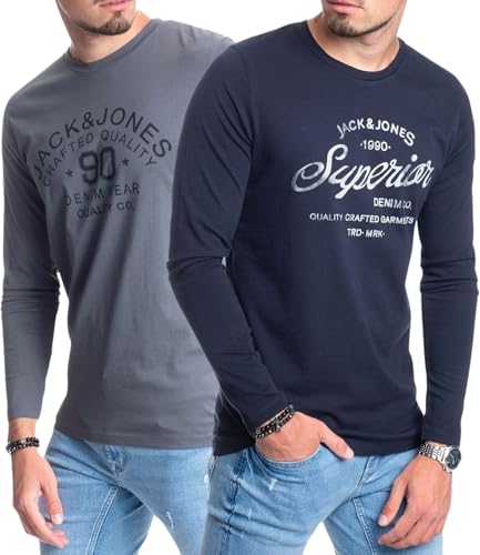 JACK & JONES Herren Langarmshirt aus Baumwolle – Longsleeve Männer – T-Shirt mit Langen Ärmeln aus Baumwolle - einzeln und Multipack (LS 2-Mix 13 - XL)(2-Mix Nala L/S Navy/Nala L/S Slate - XL) von JACK & JONES
