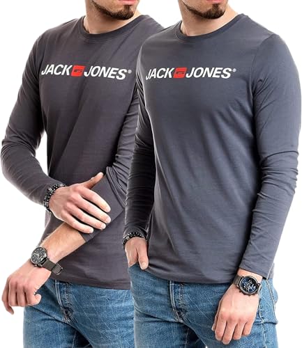 JACK & JONES Herren Langarmshirt aus Baumwolle – Longsleeve Männer – T-Shirt mit Langen Ärmeln aus Baumwolle - einzeln und Multipack (Ls 2-Mix 1 - L)(2-Mix Corp L/S Asphalt/Corp L/S Slate - L) von JACK & JONES