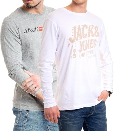 JACK & JONES Herren Langarmshirt aus Baumwolle – Longsleeve Männer – T-Shirt mit Langen Ärmeln aus Baumwolle - einzeln und Multipack (LS Corp L.Grey+RaffaW.) XXL von JACK & JONES
