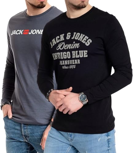 JACK & JONES Herren Langarmshirt aus Baumwolle – Longsleeve Männer – T-Shirt mit Langen Ärmeln aus Baumwolle - einzeln und Multipack (LS Nala Black4+Corp Slate) L von JACK & JONES