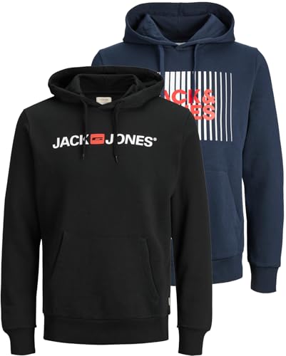 JACK & JONES Herren Logo Sweat Hood Noos Kapuzenpullover 2er Pack, Navy Blazer/Logo 1 - White/Detail:Play-3, XL von JACK & JONES