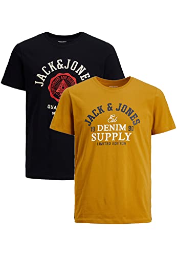 JACK & JONES Herren Logo T-Shirt 2-er Stück Pack Rundhals Short Sleeve Shirt Kurzarm Set JJELOGO, Farben:Schwarz-Gelb, Größe:XS von JACK & JONES