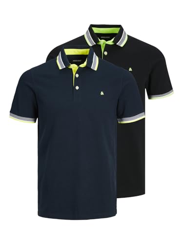 JACK & JONES Herren Poloshirt JJEPAULOS - 2er Pack - Slim Fit S M L XL XXL, Größe:XL, Farbe:Navy Blazer Black Neon+Navy Neon 12191216 von JACK & JONES