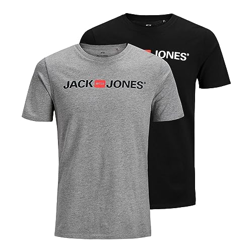 JACK & JONES Herren Rundhals T-Shirt 2-er Stück Pack Kurzarm Jersey Baumwolle Shirt Basic Set JJECORP, Farben:Grau-Schwarz, Größe:L von JACK & JONES