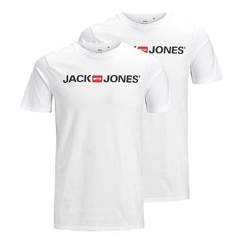 JACK & JONES Herren Rundhals T-Shirt 2-er Stück Pack Kurzarm Jersey Baumwolle Shirt Basic Set JJECORP, Farben:Weiß-2, Größe:M von JACK & JONES