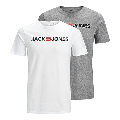 JACK & JONES Herren Rundhals T-Shirt 2-er Stück Pack Kurzarm Jersey Baumwolle Shirt Basic Set JJECORP, Farben:Weiß-Grau, Größe:XXL von JACK & JONES