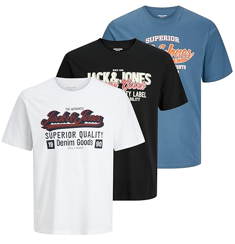 JACK & JONES Herren Rundhals T-Shirt JJELOGO - Regular Fit S M L XL XXL Cotton, Größe:M, Farbe:OceanView + Black + White von JACK & JONES