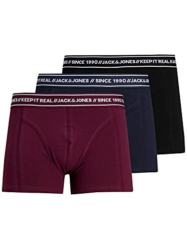 JACK & JONES Herren Set 3er Pack JACTEXT Trunks Boxershorts Stretch Unterhose Basic Unterwäsche, Farben:Schwarz-Bordeaux, Größe:L von JACK & JONES
