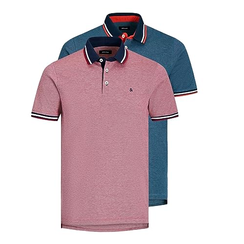 JACK & JONES Herren Shirts Poloshirt T-Shirt JJE Paulos Polo 2er Pack, Farbe:Mehrfarbig, Größe:2XL, Artikel:-Rio red/Denim Blue von JACK & JONES