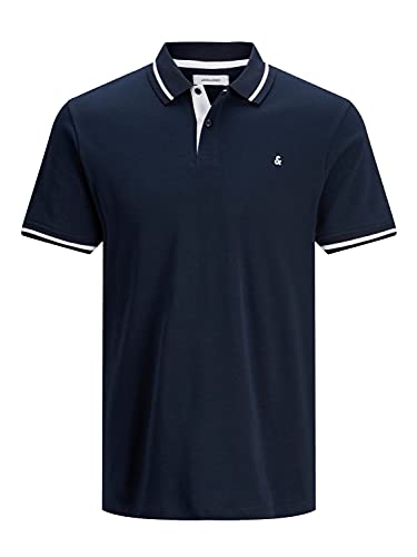 JACK & JONES Herren Slim Fit Polo Shirt JJEPAULOS Uni Sommer Hemd Kragen Kurz Arm Basic Pique Cotton, Farben:Navy, Größe:L von JACK & JONES