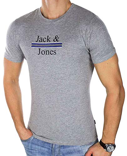 JACK & JONES Herren Sommer T-Shirt Art Marwa Crew Neck Rundhals Kurzarm Baumwolle Logo Print (L, Grau (Light Grey Melange fit:Slim)) von JACK & JONES