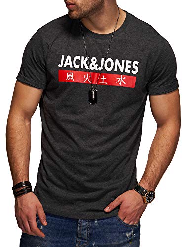 JACK & JONES Herren T-Shirt Kurzarmshirt Top Print Shirt Casual Basic O-Neck (Small, Dark Grey Melange) von JACK & JONES