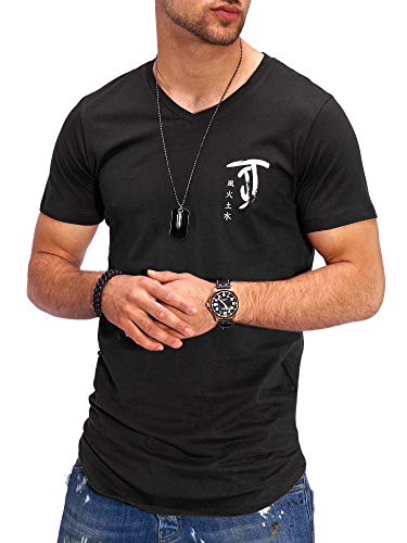 JACK & JONES Herren T-Shirt V-Neck Print Shirt (M, Black/Cloud Dancer) von JACK & JONES