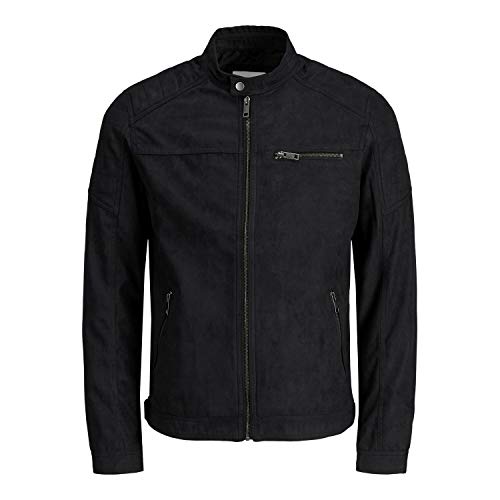 Herren Jack & Jones Kunstleder Jacke | Biker Blouson Bomberjacke JJEROCKY | Design Coat Übergangsjacke, Farben:Schwarz, Größe Jacken:XS von JACK & JONES