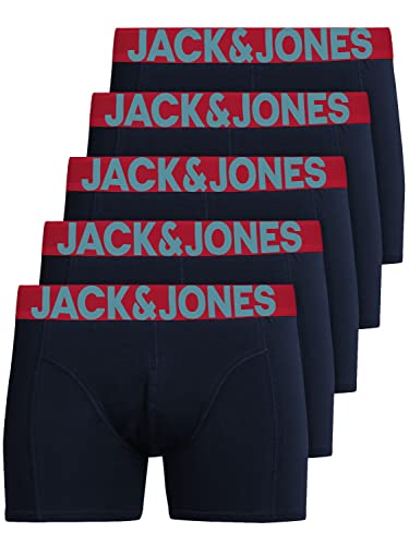 JACK & JONES Herren Unterhosen 5er Set Pack Männer Boxershorts Weiss schwarz blau grau Trunks 12204864 (M, 5er Pack Navy-Red) von JACK & JONES