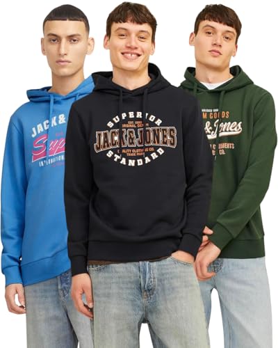 JACK & JONES Hoodie 3er-Set Herren - Pullover mit Kapuze Sweatshirt für Männer - 3er Hood Mix 23 (Black/PacificCoast/KombuGreen - S) von JACK & JONES