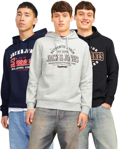 JACK & JONES Hoodie 3er-Set Herren - Pullover mit Kapuze Sweatshirt für Männer - 3er Hood Mix 25 (WhiteMelange/SkyCaptain/Black - XXL) von JACK & JONES