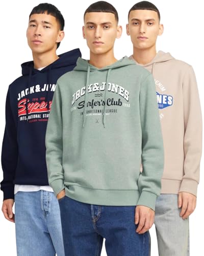 JACK & JONES Hoodie 3er-Set Herren - Pullover mit Kapuze Sweatshirt für Männer - 3er Hood Mix 27 (IcebergGreen/Moonbeam/SkyCaptain - XL) von JACK & JONES