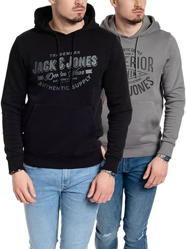 JACK & JONES Herren Hoodie Pullover mit Kapuze Sweatshirt Kapuzenpullover für Männer aus Baumwolle mit Logo/Auswahl an Designs und Farben (Doppelpack Hood 6 (Corvin Black/Corvin SED SUP, L)) von JACK & JONES