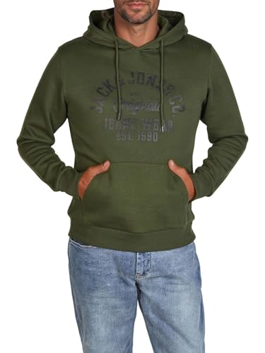 JACK & JONES Hoodie Herren Regular Fit JJEADRIAN Kapuzenpullover Pullover Sweater Print Grün L, Größe:L, Farbe:Kombu Green von JACK & JONES