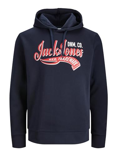 JACK & JONES Hoodie Regular Fit Sweater mit Logo Print und Kordelzug Pullover Kapuzen Sweatshirt JJELOGO, Farben:Navy, Größe Pullover:XL von JACK & JONES