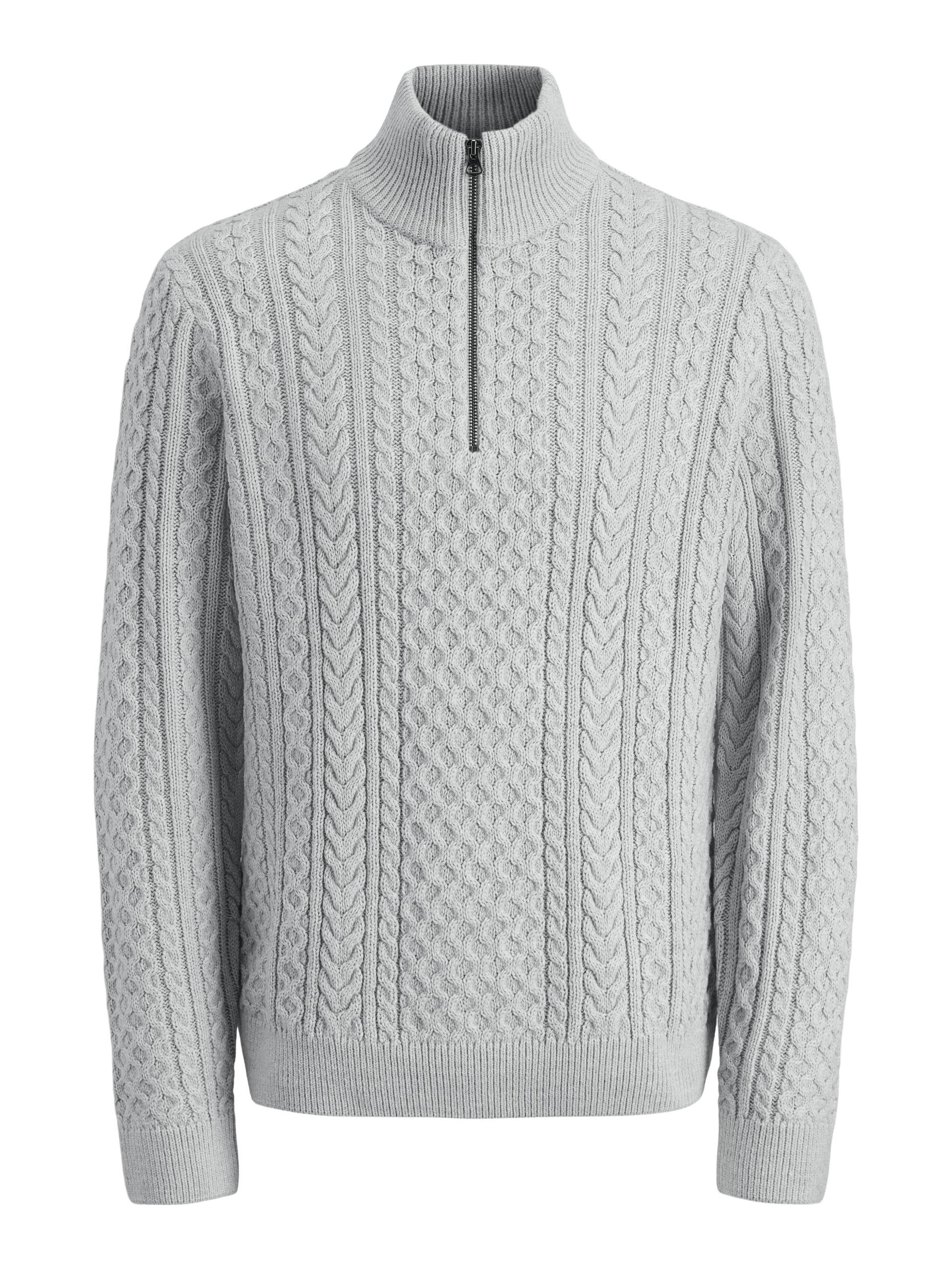 JACK&JONES - JPRBLUSEAN KNIT CABLE HALF ZIP SN light grey melange - Gr. - M von JACK&JONES