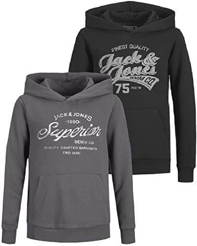 JACK & JONES Junior Kinder Hoodie Set - Größe 128 bis 176 - Kapuzen-Pullover für Kids - Pulli im Mehrfach-Pack mit verschiedenen Motiven und Farben (Jr Doppelmix 10 (Bar Asph/Bar Black 75, 176)) von JACK & JONES