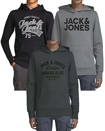 JACK & JONES Junior Kinder Hoodie 3er Set - Größe 128 bis 176 - Kapuzen-Pullover für Kids - Mehrfach-Pack mit Motiven und Farben (Jr 3er Hood Mix 2, 152)(Bar Bla 75/ Bar Slate/ 841 SED - 152) von JACK & JONES