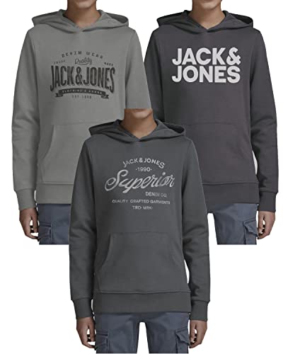 JACK & JONES Junior Kinder Hoodie 3er Set - Größe 128 bis 176 - Kapuzen-Pullover für Kids - Mehrfach-Pack mit Motiven und Farben (Jr 3er Hood Mix 6, 140)(Bar SED/Bar Asp / 841 Asp-Grey - 140) von JACK & JONES