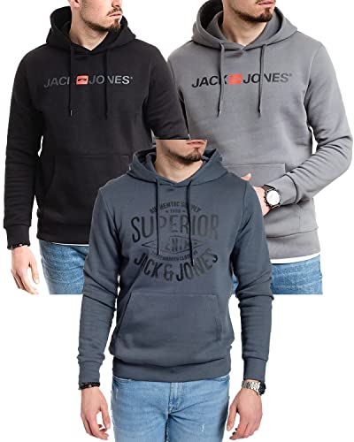 JACK & JONES Kapuzenpullover 3er Pack Hoodie Sweat Shirt Langarm Herren mit Druck - 3er Hood Mix 11 - L (054 Black-Grey / 054 Sedona-Asphalt/Corvin Dark Slate - L) von JACK & JONES