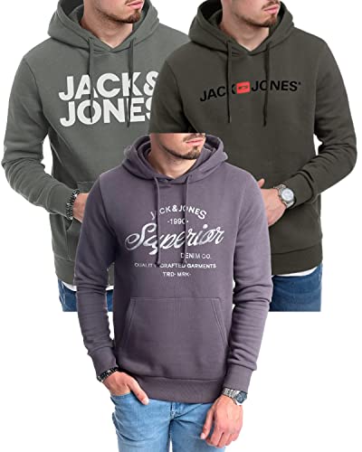 JACK & JONES Kapuzenpullover 3er Pack Hoodie Sweat Shirt Langarm Herren mit Druck - 3er Hood Mix 2 - L (840 Sedona-Gey / 054 Raven-Black/Mika Asphalt - L) von JACK & JONES