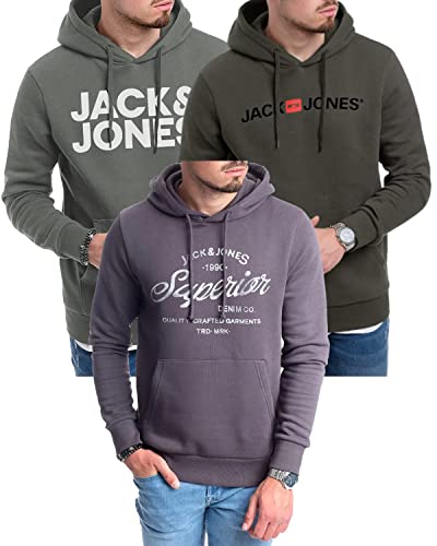 JACK & JONES Kapuzenpullover 3er Pack Hoodie Sweat Shirt Langarm Herren mit Druck - 3er Hood Mix 2 - XL (840 Sedona-Gey / 054 Raven-Black/Mika Asphalt - XL von JACK & JONES