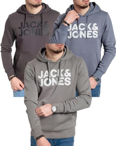 JACK & JONES Hoodie 3er-Set Herren - Pullover mit Kapuze Sweatshirt für Männer - 3er Hood Mix 21 (840 Asphalt Print Black / 840 China Blue / 840 Sedona Print Grey - L) von JACK & JONES