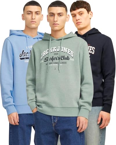 JACK & JONES Hoodie 3er-Set Herren - Pullover mit Kapuze Sweatshirt für Männer - 3er Hood Mix 22 (Iceberg G. / Chambray/Dark Navy - L) von JACK & JONES