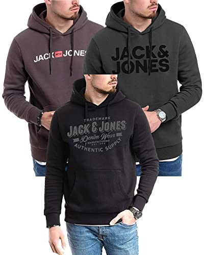 JACK & JONES Kapuzenpullover 3er Pack Hoodie Sweat Shirt Langarm Herren mit Druck - 3er Hood Mix 4 - L (054 Raven-White / 840 Asphalt/Corvin Black - L) von JACK & JONES