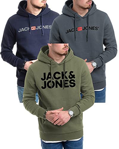 JACK & JONES Kapuzenpullover 3er Pack Hoodie Sweat Shirt Langarm Herren mit Druck - 3er Hood Mix 7 - XL (054 Navy-Grey / 054 Dark Slate-Black / 840 Seaspray-Black - XL) von JACK & JONES