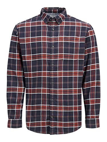 Herren Jack & Jones Kariertes Hemd | Basic Flanell Langarm | Freizeit Shirt mit Brusttasche JJECLASSIC, Farben:Rot-Blau, Größe Hemd:L von JACK & JONES