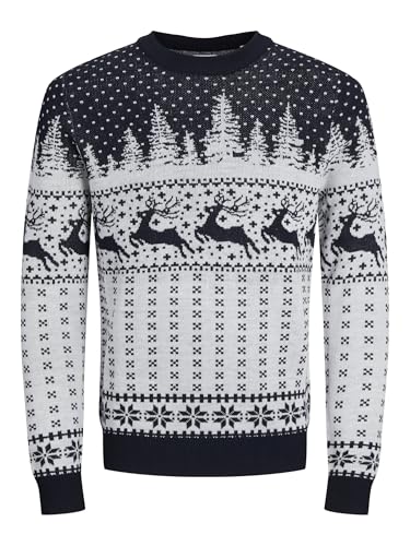 JACK&JONES Herren Jjxmas Gabriel Knit Crew Neck Strickpullover, Cloud Dancer/Pattern:w. Navy Blazer, Medium von JACK & JONES