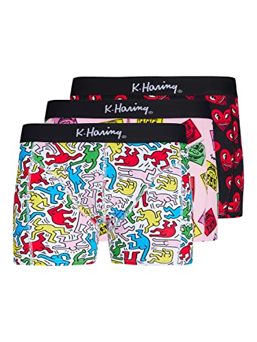 JACK & JONES Men's JACKEITH Haring Trunks 3 Pack Boxershorts, Prism Pink/Pack:Bright White-Black, S von JACK & JONES