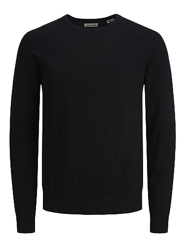 Herren Jack & Jones Dünner Langarm Strickpullover | Rundhals Basic Sweater | Shirt Jumper JJEEMIL, Farben:Schwarz, Größe Pullover:XL von JACK & JONES