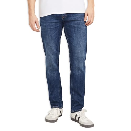 JACK & JONES Stretch Jeans Herren – Bequeme Jeanshose im Tapered Fit aus elastischem Denim, Mid Rise Bund, Knopfleiste & 5-Pocket-Design, Stretch Jeans Herren in Blau für Büro, Stadt & Wochenende von JACK & JONES