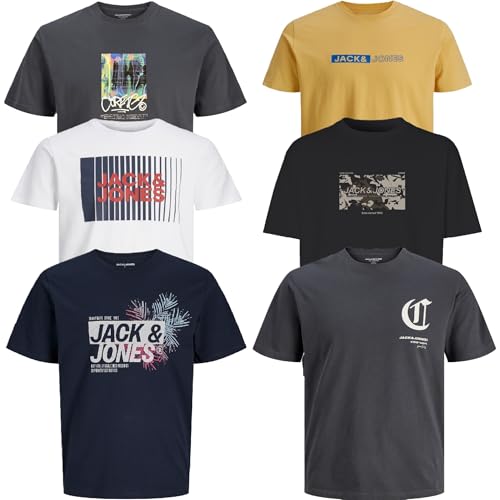 JACK & JONES T-Shirt - 6er Pack - Male Core Print O-Neck T Shirt Herren AKW31 (XXL, 6er Paket @01) von JACK & JONES