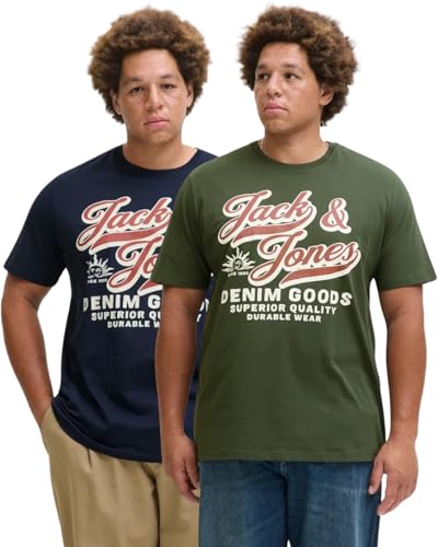 Jack and Jones Große Größe T-Shirt für Herren - Übergröße Shirt Männer T-Shirt 3XL bis 6XL - einzeln und Multi-Set (2er Bigsize Mix 34, Elogo 905 DuffelB.+SkyCapt., 5XL) von JACK & JONES