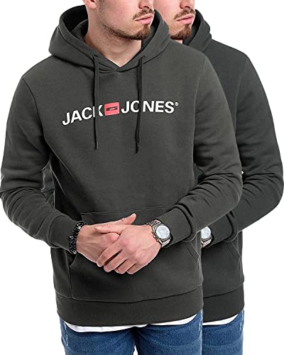 JACK & JONES Herren Hoodie Pullover mit Kapuze Sweatshirt Kapuzenpullover für Männer aus Baumwolle mit Logo/Auswahl an Designs und Farben (Doppelpack Hood 2 (840 Asphalt/054 Raven-Wh, M)) von JACK & JONES