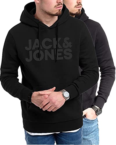 JACK & JONES Herren Hoodie Pullover mit Kapuze Sweatshirt Kapuzenpullover für Männer aus Baumwolle mit Logo/Auswahl an Designs und Farben (Doppelpack Hood 5 (054 Black-Bl/840 Black, XXL)) von JACK & JONES