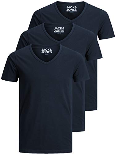 Jack and Jones Herren T-Shirt Basic V-Ausschnitt 3er Pack Einfarbig Slim Fit in Weiß Schwarz Blau Grau XL von JACK & JONES