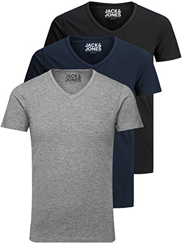 Jack and Jones Herren T-Shirt Basic V-Ausschnitt 3er Pack Einfarbig Slim Fit in Weiß Schwarz Blau Grau XL von JACK & JONES