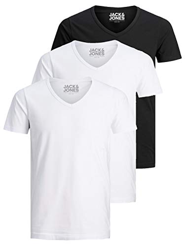 Jack and Jones Herren T-Shirt Basic V-Ausschnitt 3er Pack Einfarbig Slim Fit in Weiß Schwarz Blau Grau von JACK & JONES